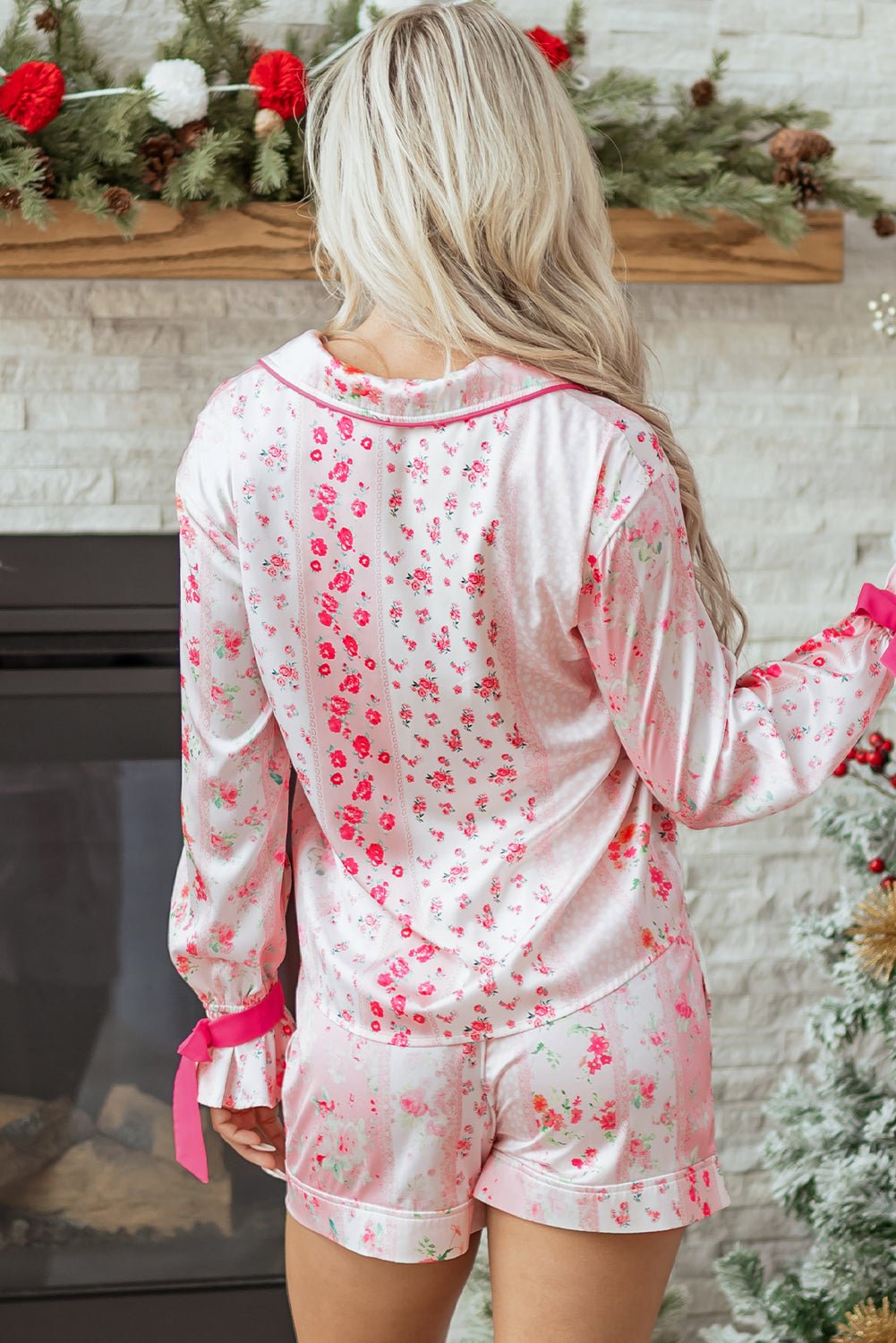 Floral Shirt Satin Tie and Shorts Pajama Set - Rooted & Reckless Co.