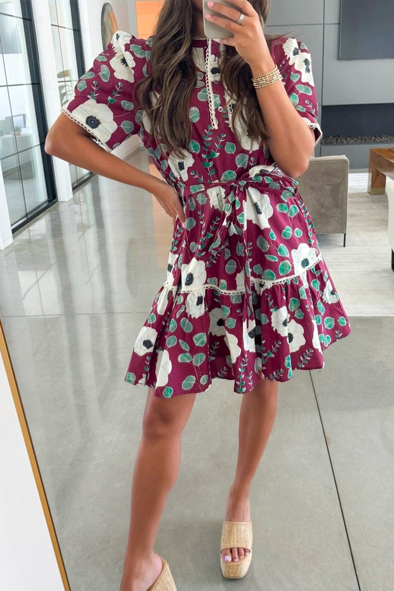Floral Short Puff Sleeve Belted Mini Dress - Rooted & Reckless Co.