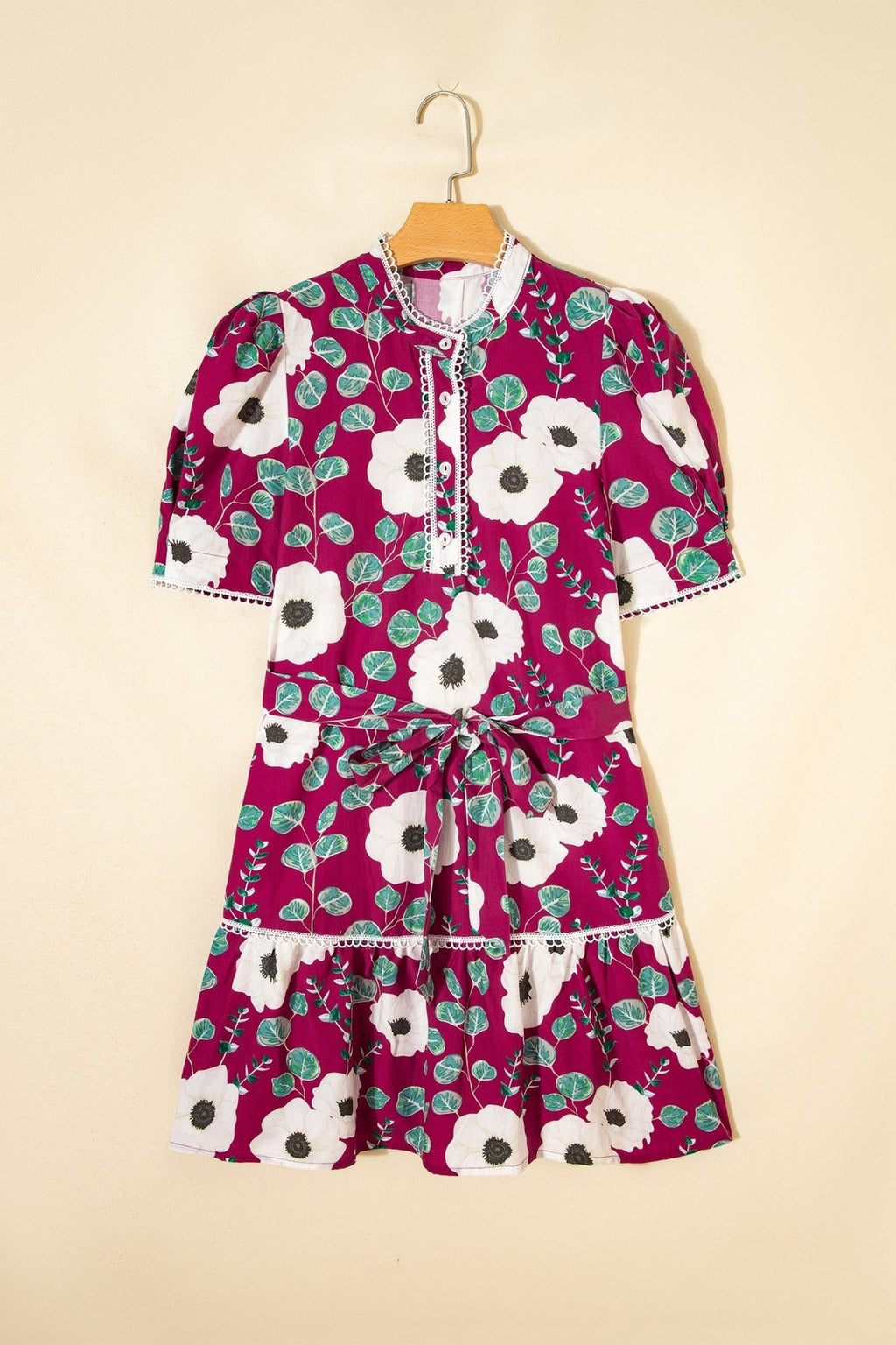Floral Short Puff Sleeve Belted Mini Dress - Rooted & Reckless Co.