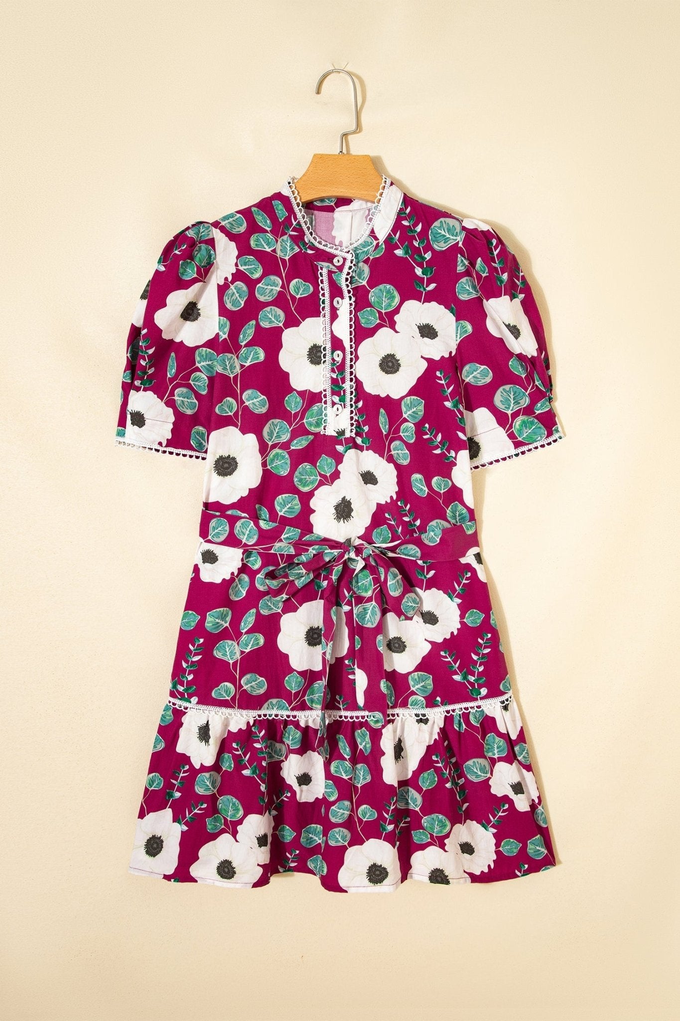 Floral Short Puff Sleeve Belted Mini Dress - Rooted & Reckless Co.