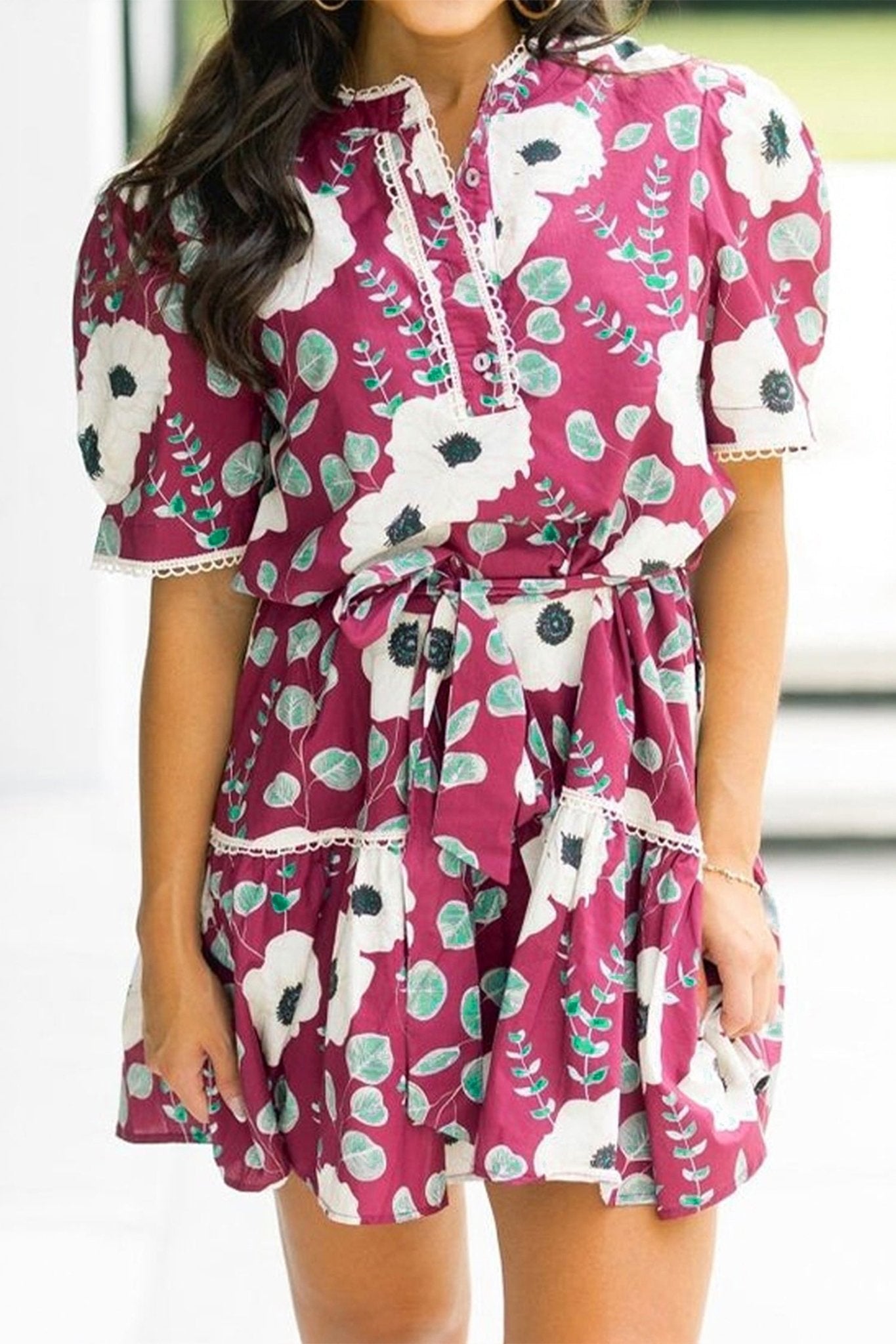 Floral Short Puff Sleeve Belted Mini Dress - Rooted & Reckless Co.