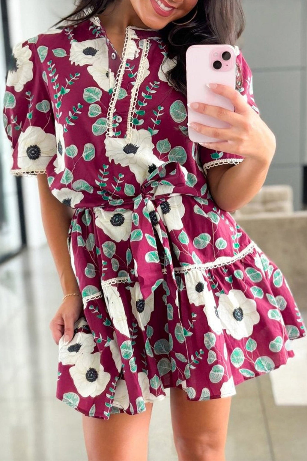 Floral Short Puff Sleeve Belted Mini Dress - Rooted & Reckless Co.