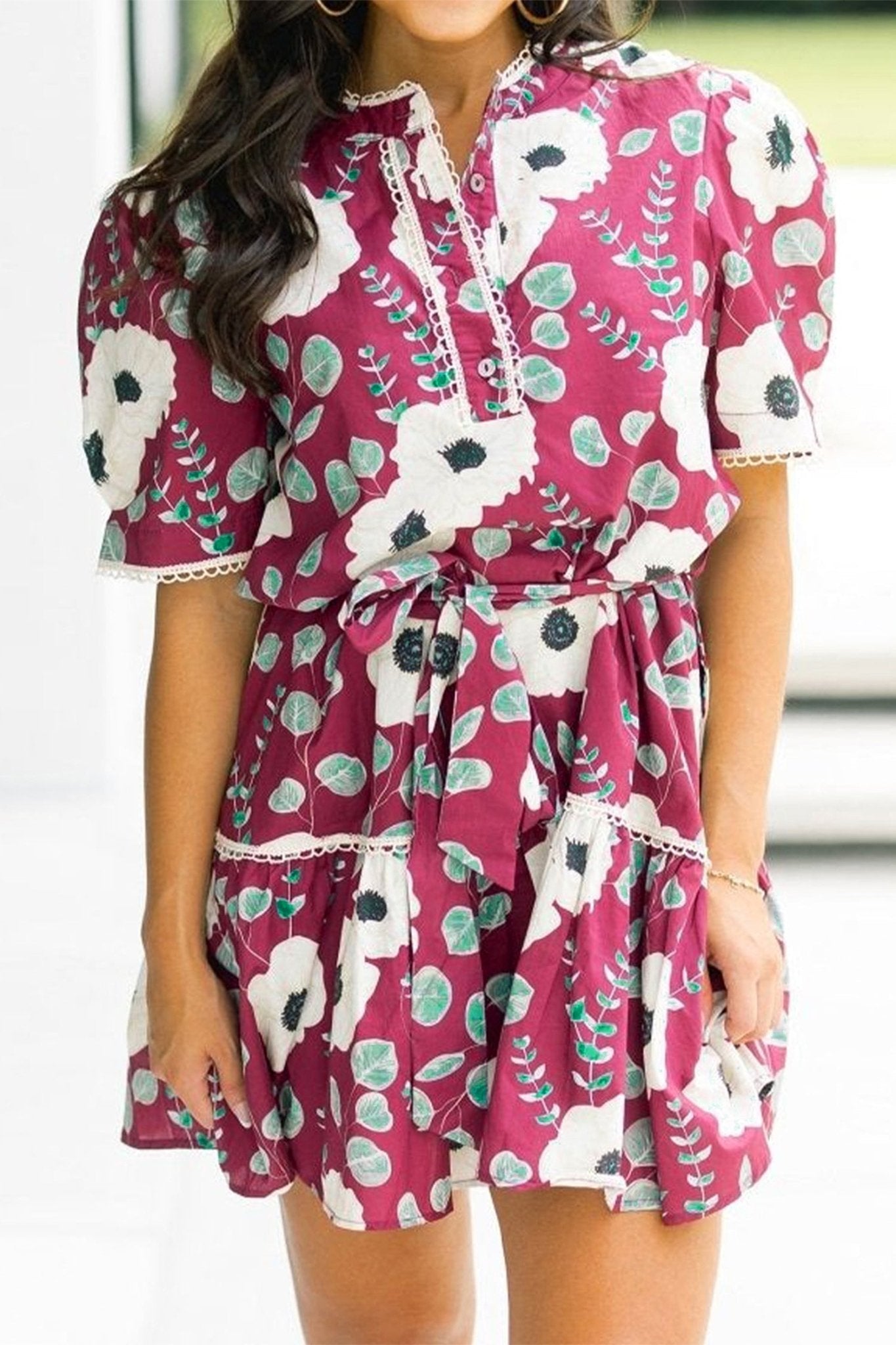 Floral Short Puff Sleeve Belted Mini Dress - Rooted & Reckless Co.
