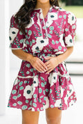 Floral Short Puff Sleeve Belted Mini Dress - Rooted & Reckless Co.