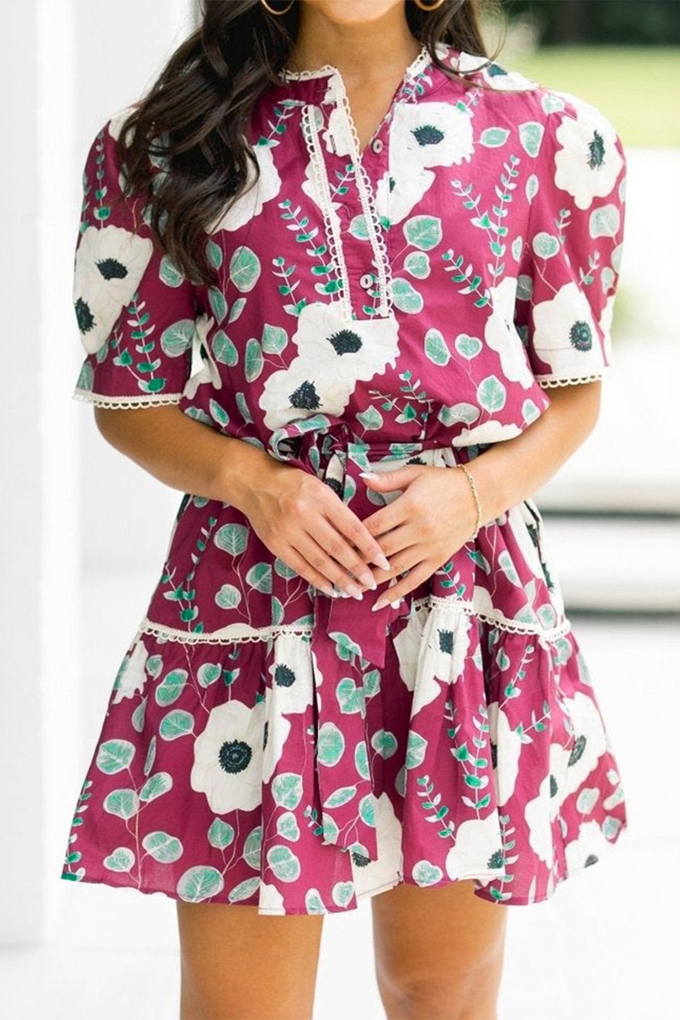 Floral Short Puff Sleeve Belted Mini Dress - Rooted & Reckless Co.