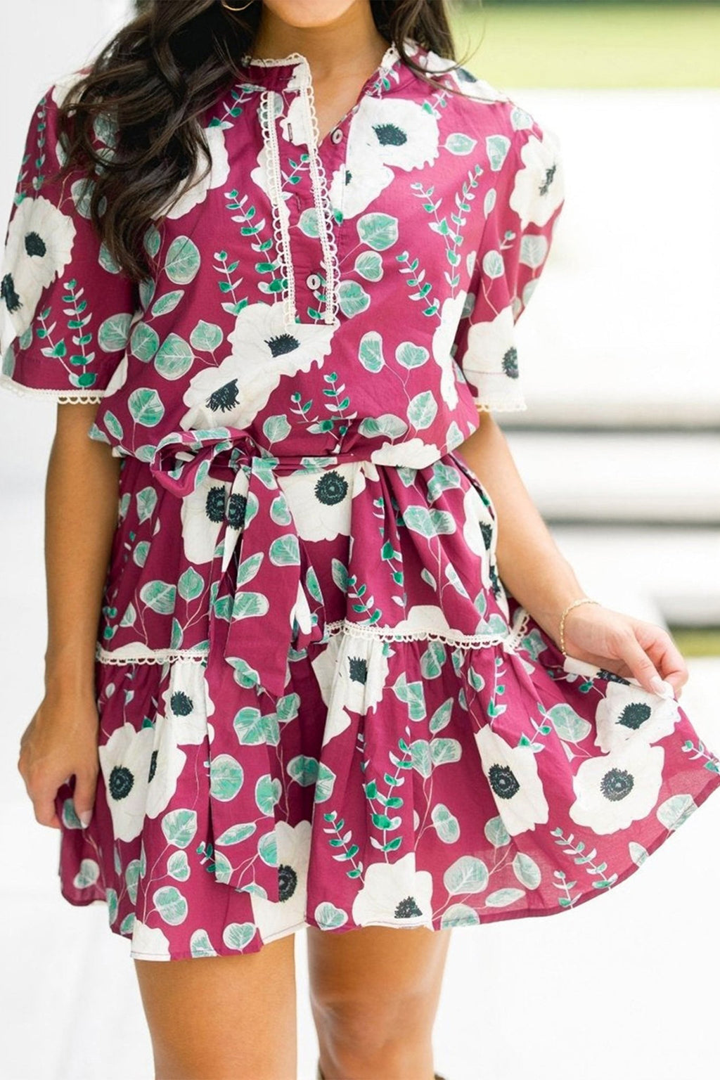 Floral Short Puff Sleeve Belted Mini Dress - Rooted & Reckless Co.