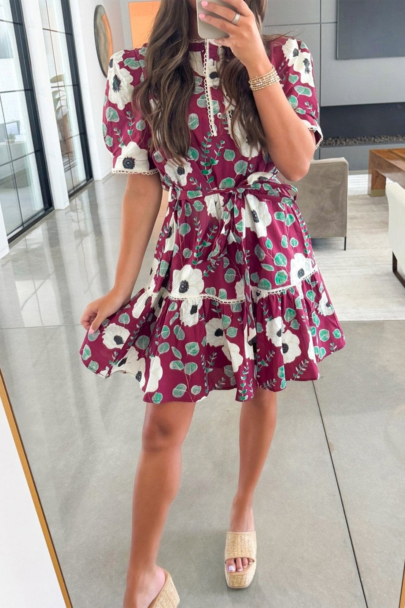 Floral Short Puff Sleeve Belted Mini Dress - Rooted & Reckless Co.
