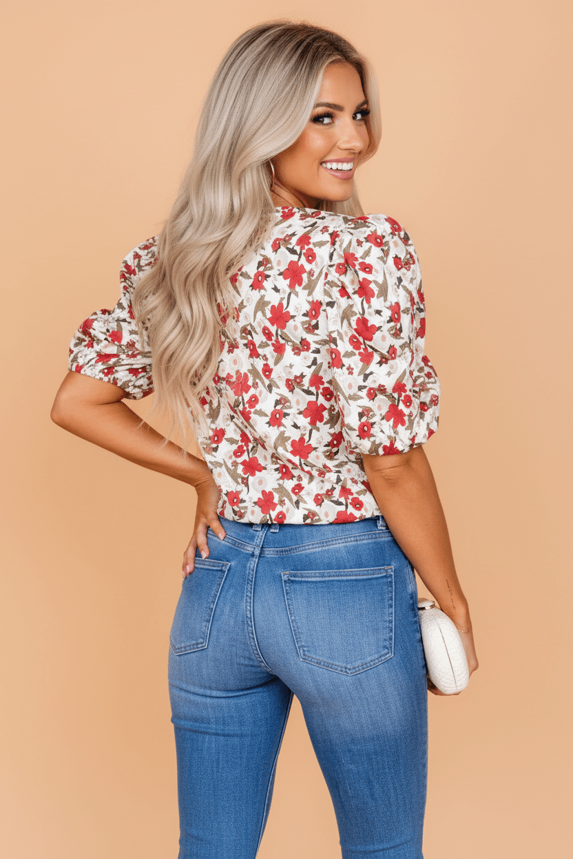 Floral Short Puff Sleeve Button Front Shirt - Rooted & Reckless Co.