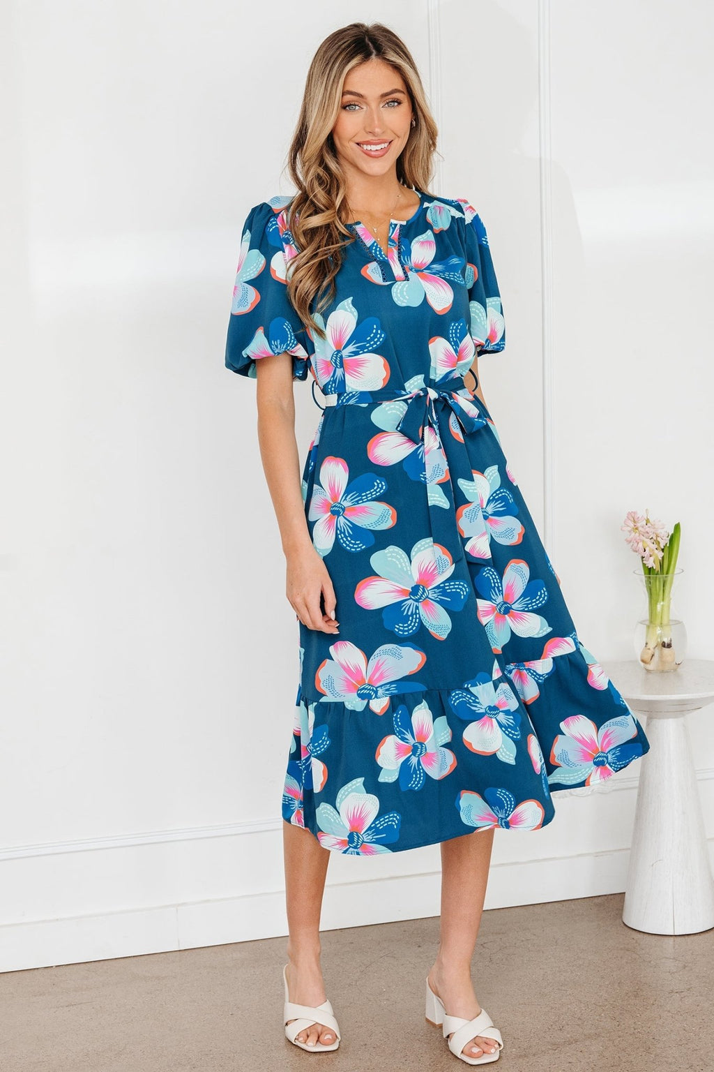 Floral Short Puff Sleeve Ruffle Belted Midi Dress - Rooted & Reckless Co.