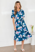 Floral Short Puff Sleeve Ruffle Belted Midi Dress - Rooted & Reckless Co.