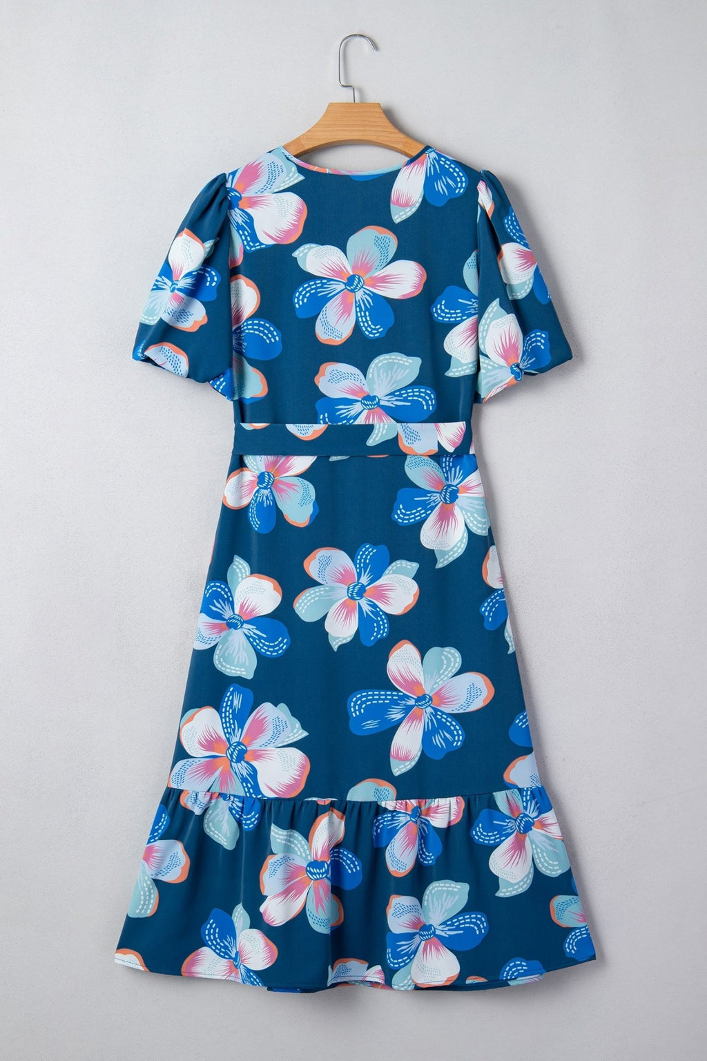 Floral Short Puff Sleeve Ruffle Belted Midi Dress - Rooted & Reckless Co.