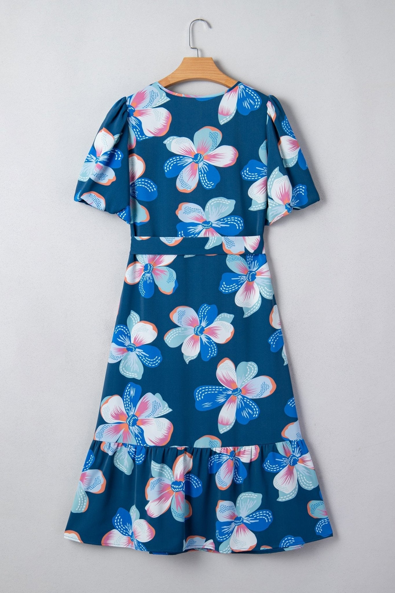 Floral Short Puff Sleeve Ruffle Belted Midi Dress - Rooted & Reckless Co.