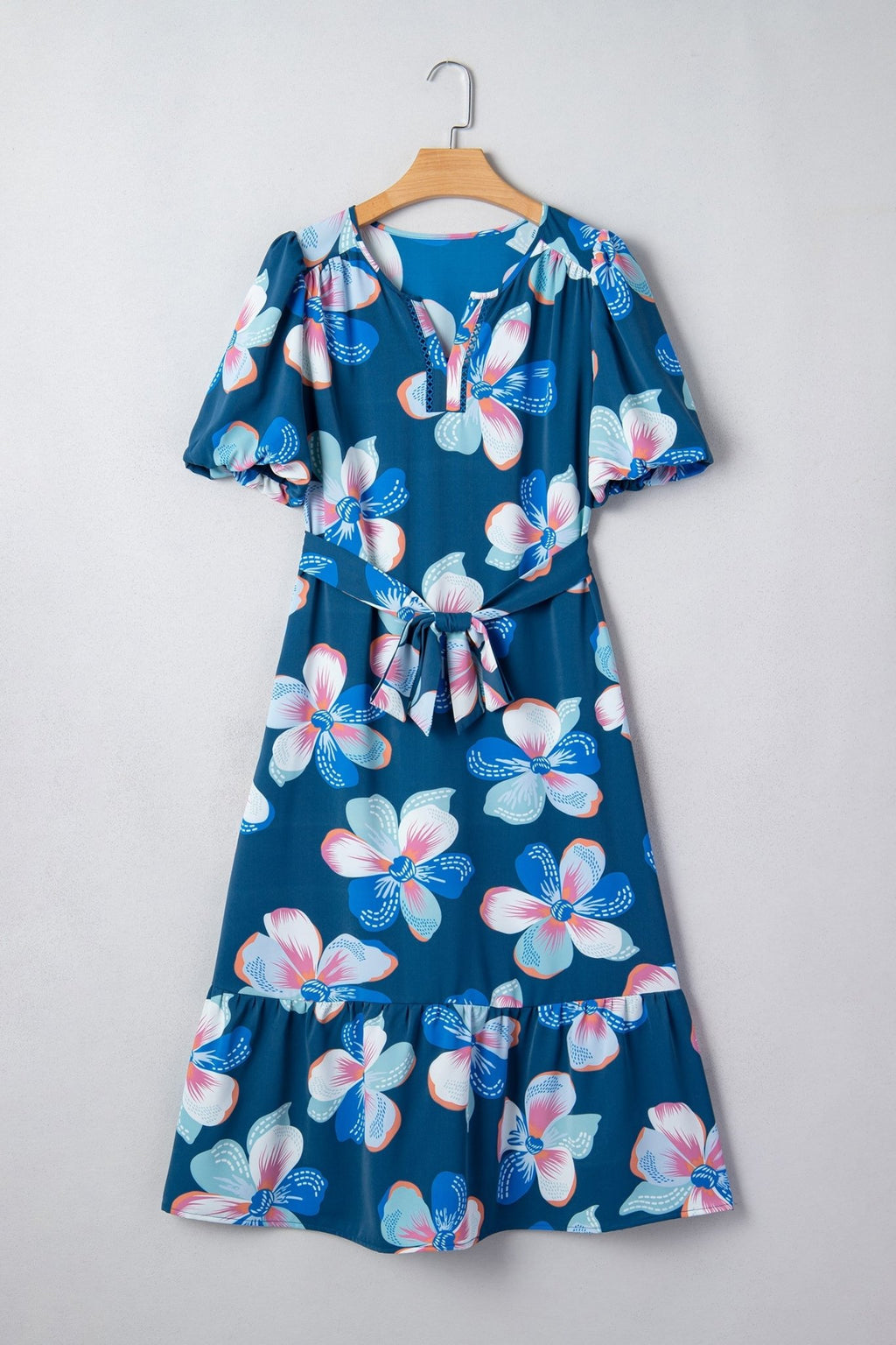 Floral Short Puff Sleeve Ruffle Belted Midi Dress - Rooted & Reckless Co.