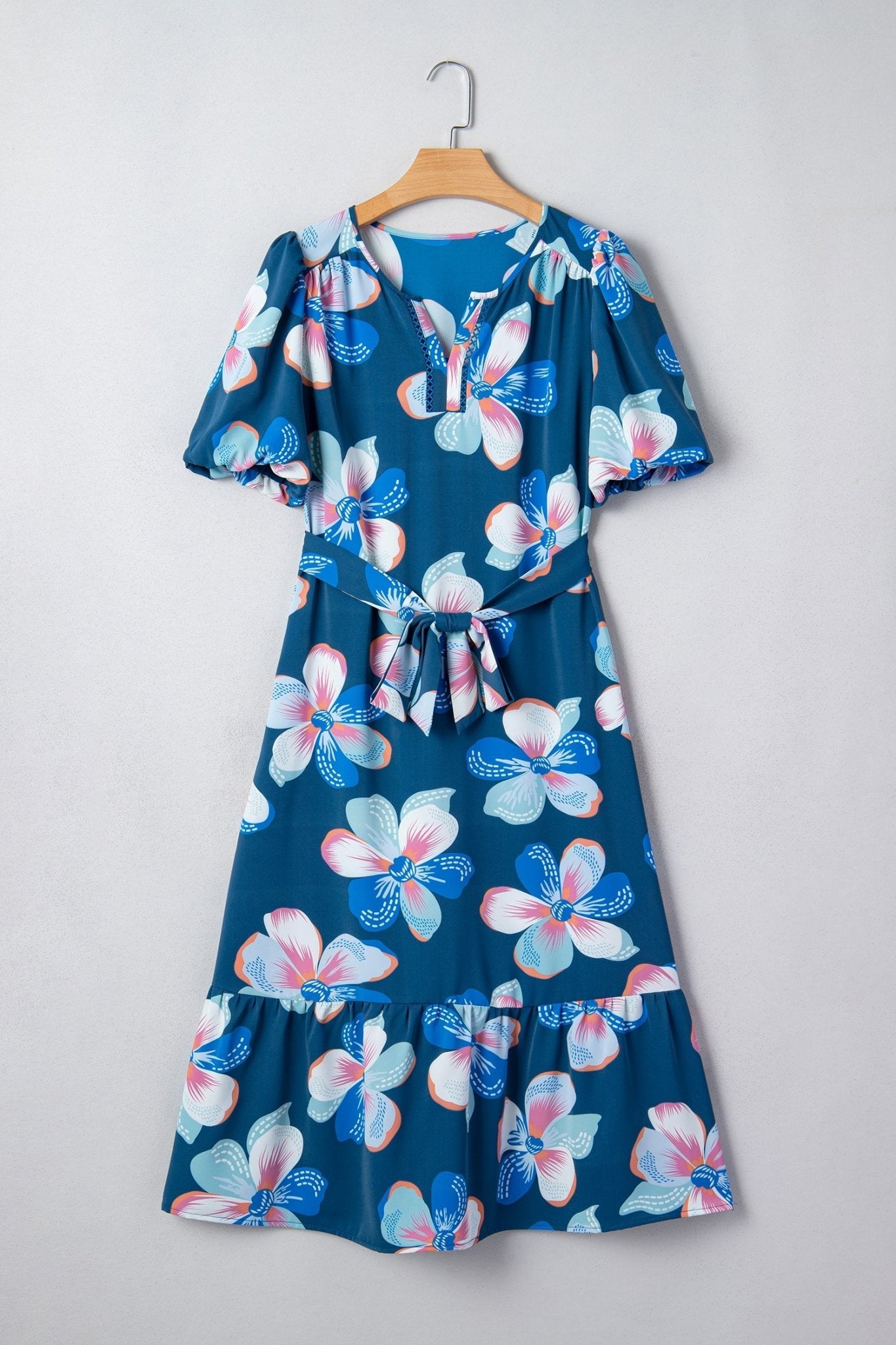 Floral Short Puff Sleeve Ruffle Belted Midi Dress - Rooted & Reckless Co.