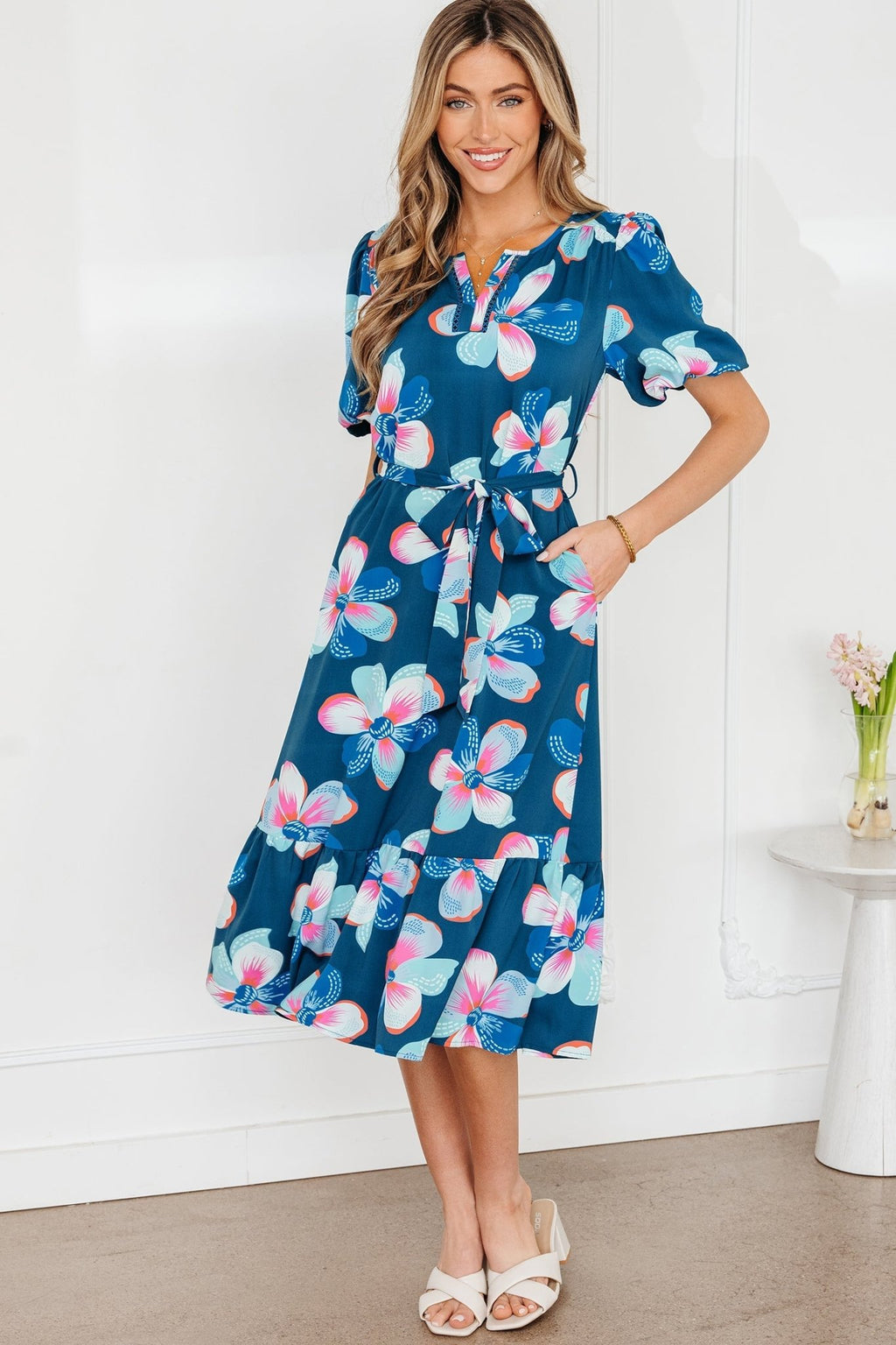Floral Short Puff Sleeve Ruffle Belted Midi Dress - Rooted & Reckless Co.