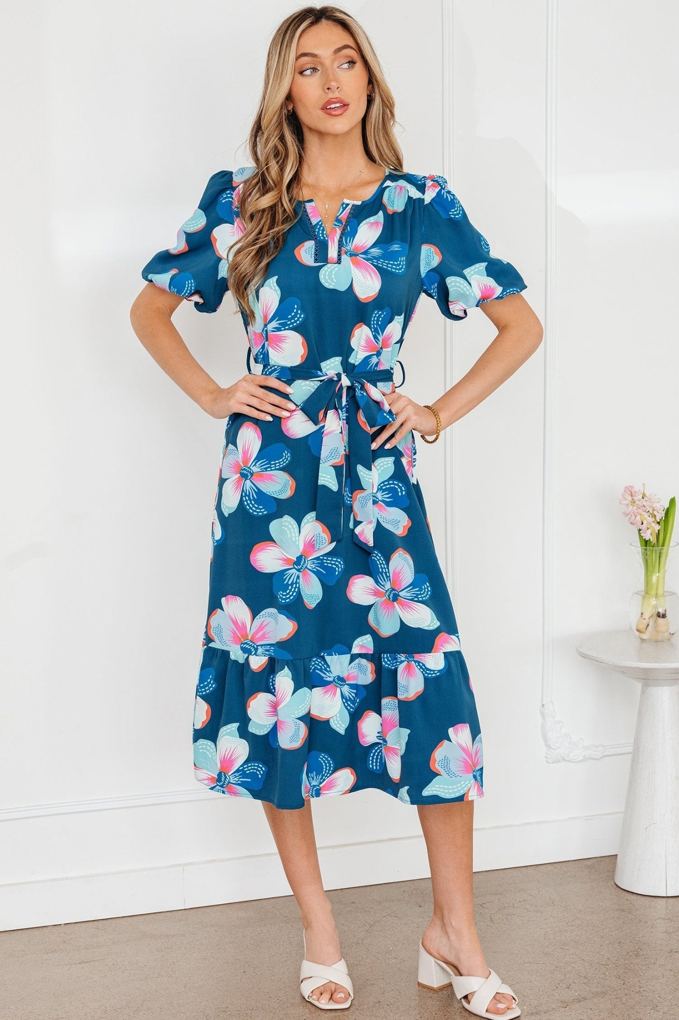 Floral Short Puff Sleeve Ruffle Belted Midi Dress - Rooted & Reckless Co.