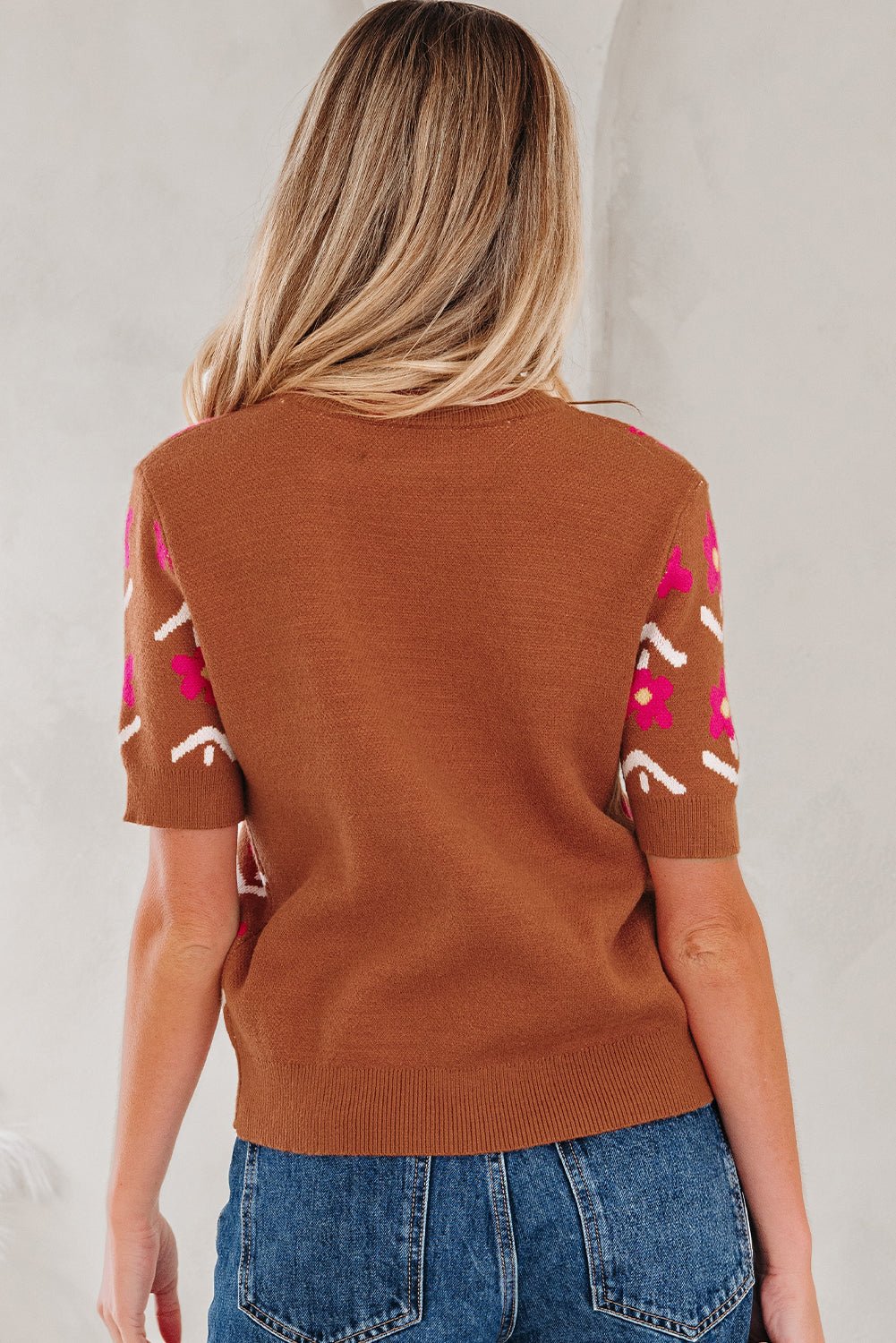 Floral Short Puff Sleeve Sweater - Rooted & Reckless Co.