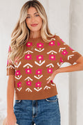 Floral Short Puff Sleeve Sweater - Rooted & Reckless Co.