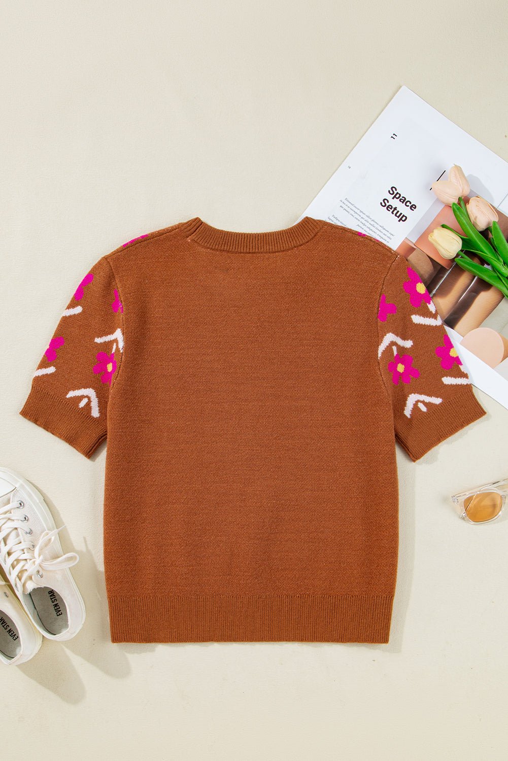 Floral Short Puff Sleeve Sweater - Rooted & Reckless Co.