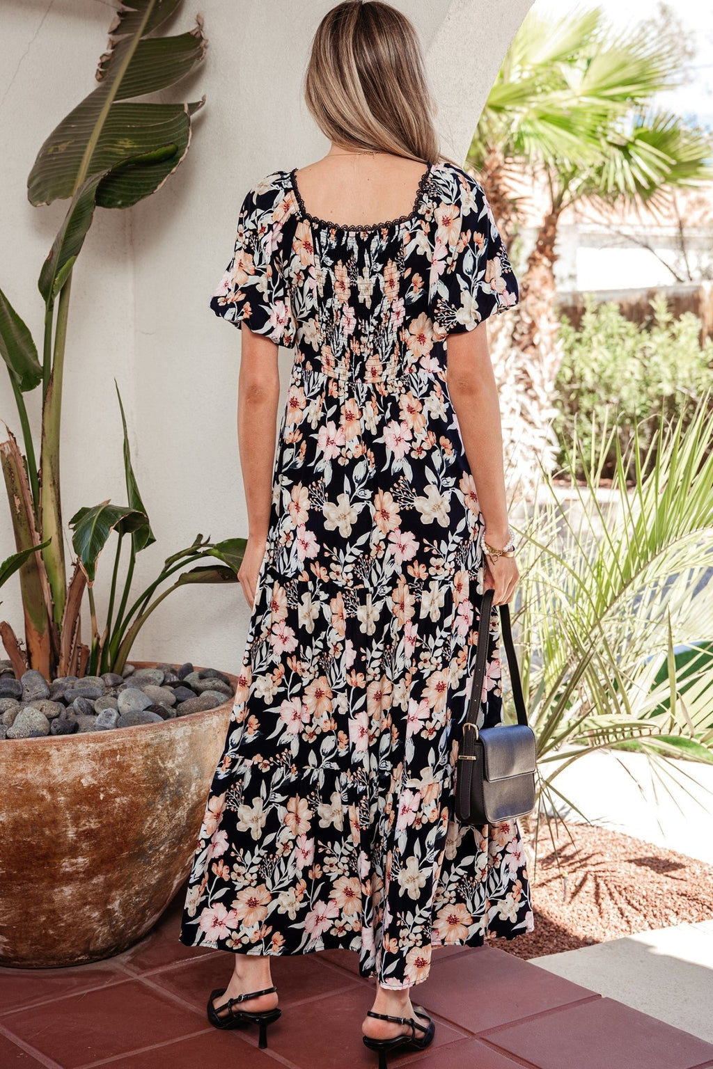 Floral Short Sleeve Smocked High Waist Maxi Dress - Rooted & Reckless Co.