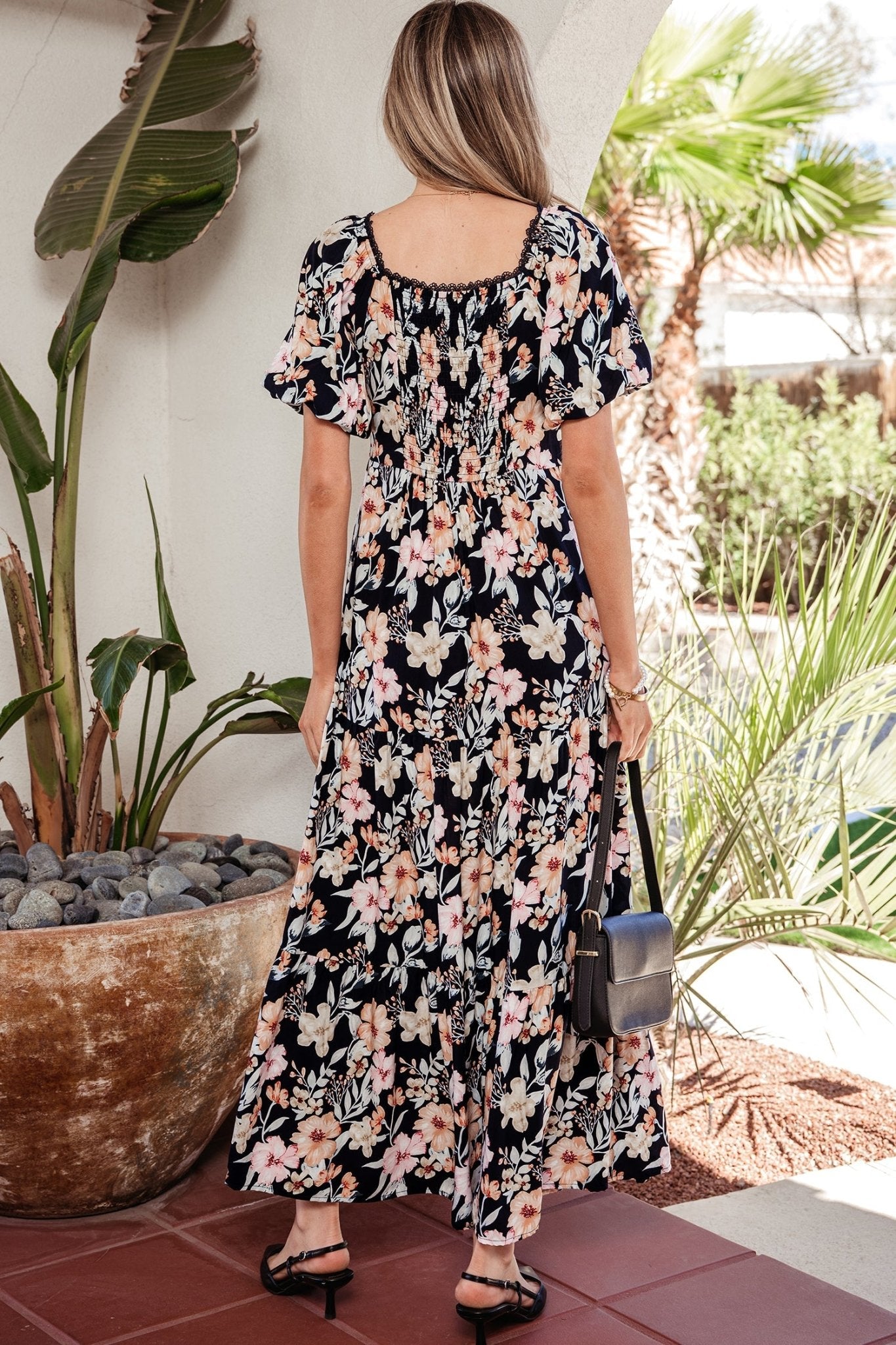 Floral Short Sleeve Smocked High Waist Maxi Dress - Rooted & Reckless Co.