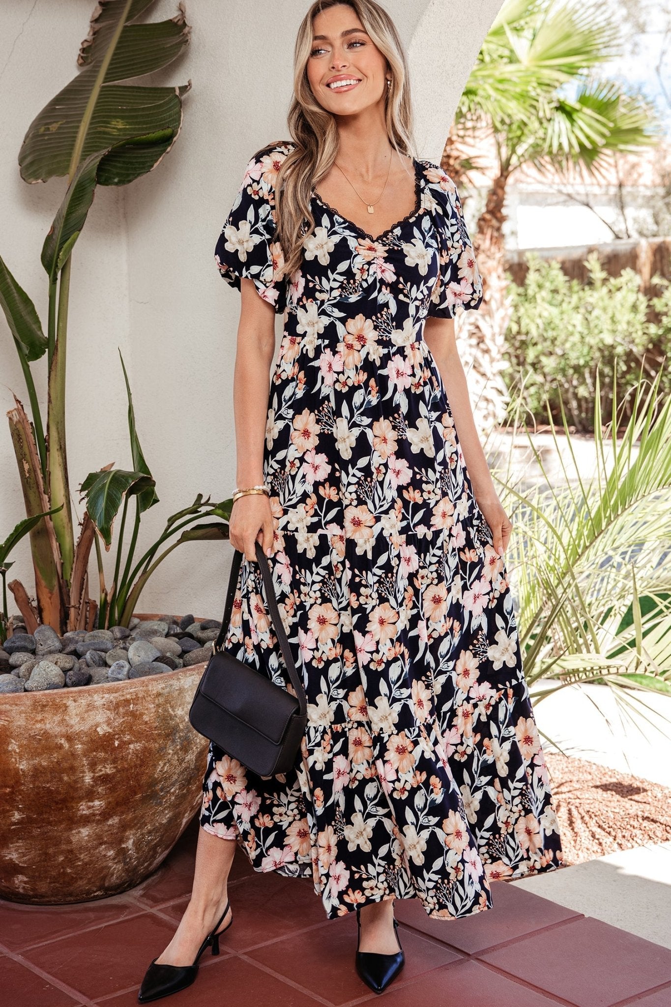Floral Short Sleeve Smocked High Waist Maxi Dress - Rooted & Reckless Co.