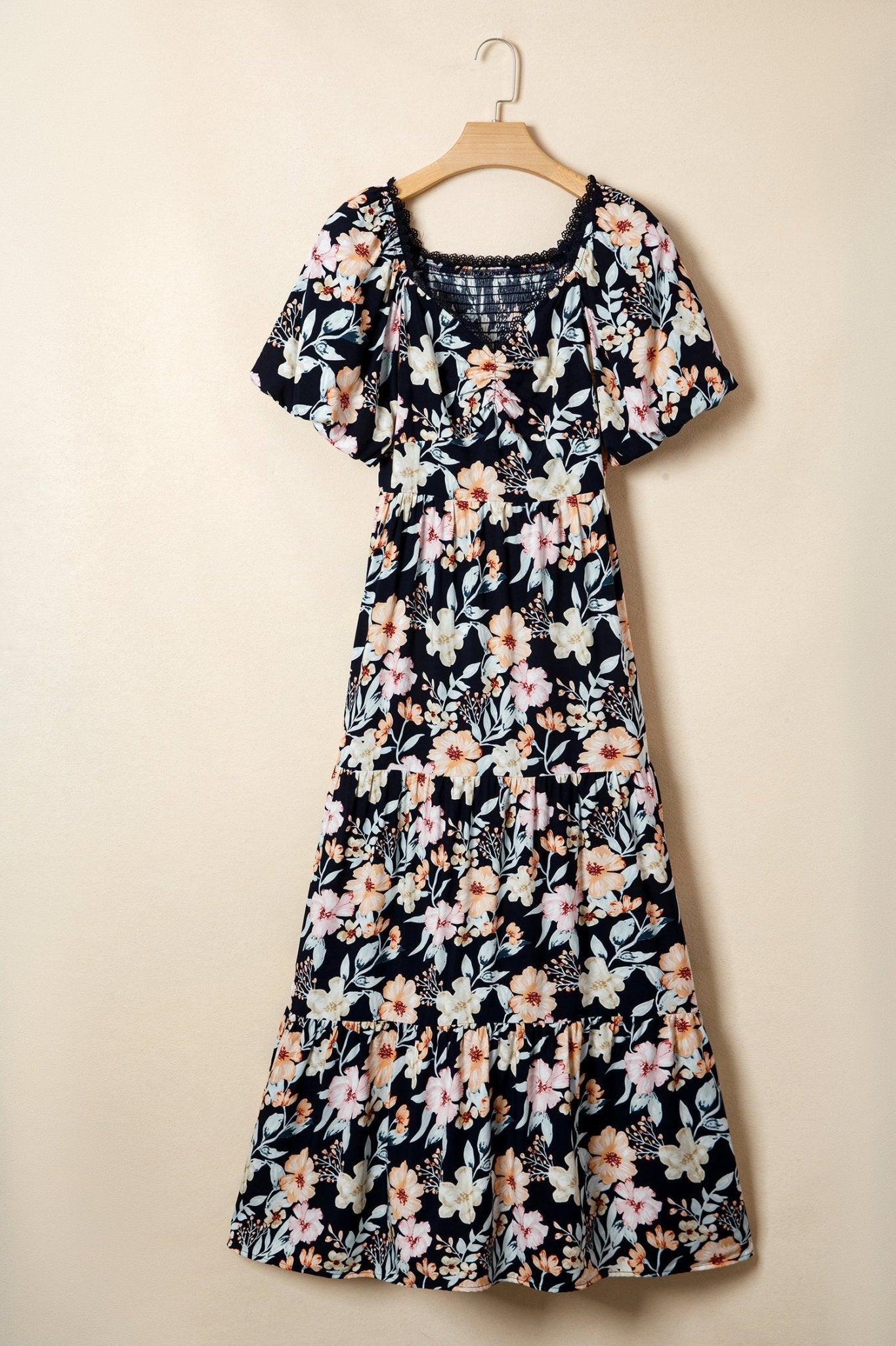 Floral Short Sleeve Smocked High Waist Maxi Dress - Rooted & Reckless Co.