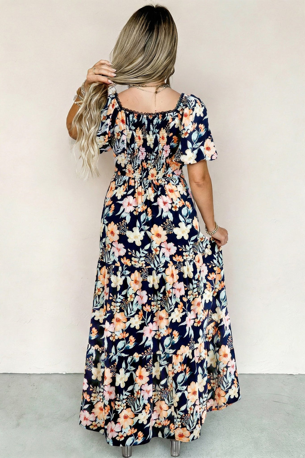 Floral Short Sleeve Smocked High Waist Maxi Dress - Rooted & Reckless Co.