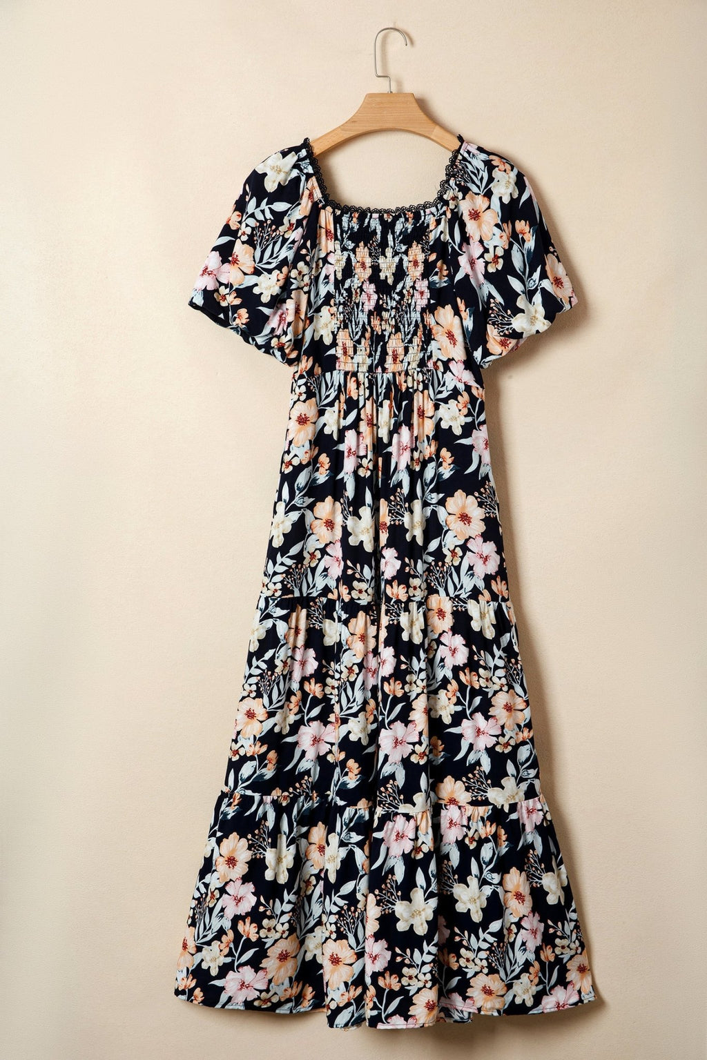 Floral Short Sleeve Smocked High Waist Maxi Dress - Rooted & Reckless Co.