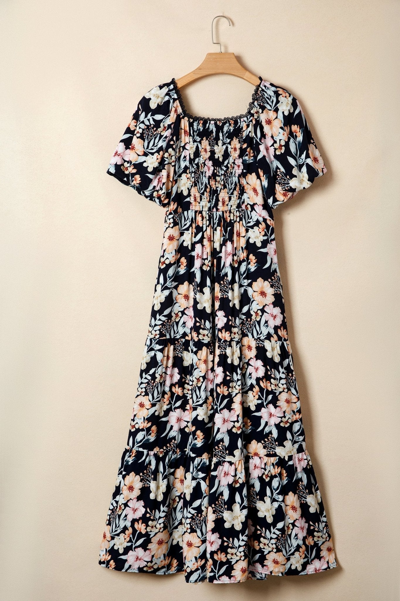 Floral Short Sleeve Smocked High Waist Maxi Dress - Rooted & Reckless Co.
