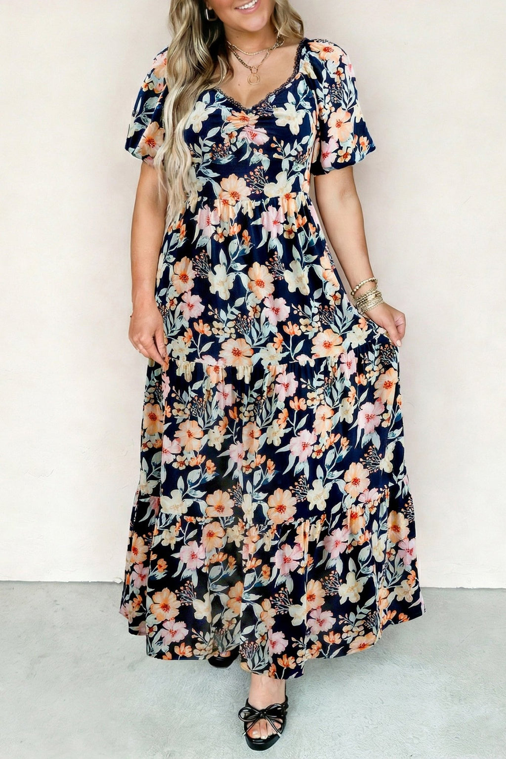 Floral Short Sleeve Smocked High Waist Maxi Dress - Rooted & Reckless Co.