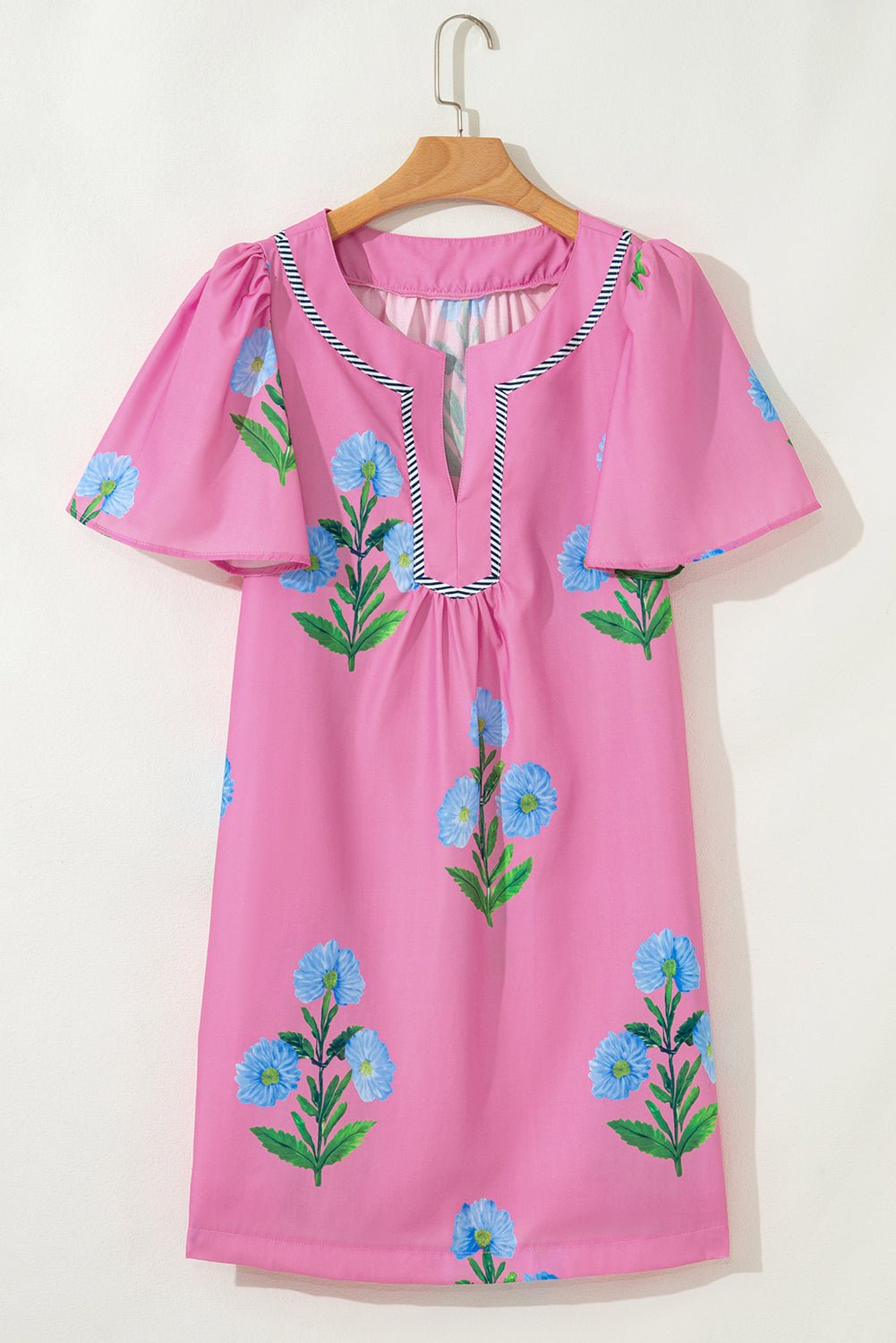 Floral Short Sleeve Split Neck Mini Dress - Rooted & Reckless Co.