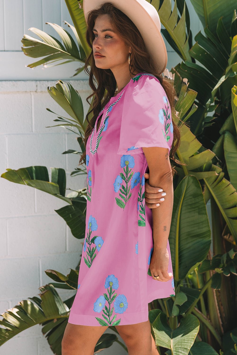 Floral Short Sleeve Split Neck Mini Dress - Rooted & Reckless Co.