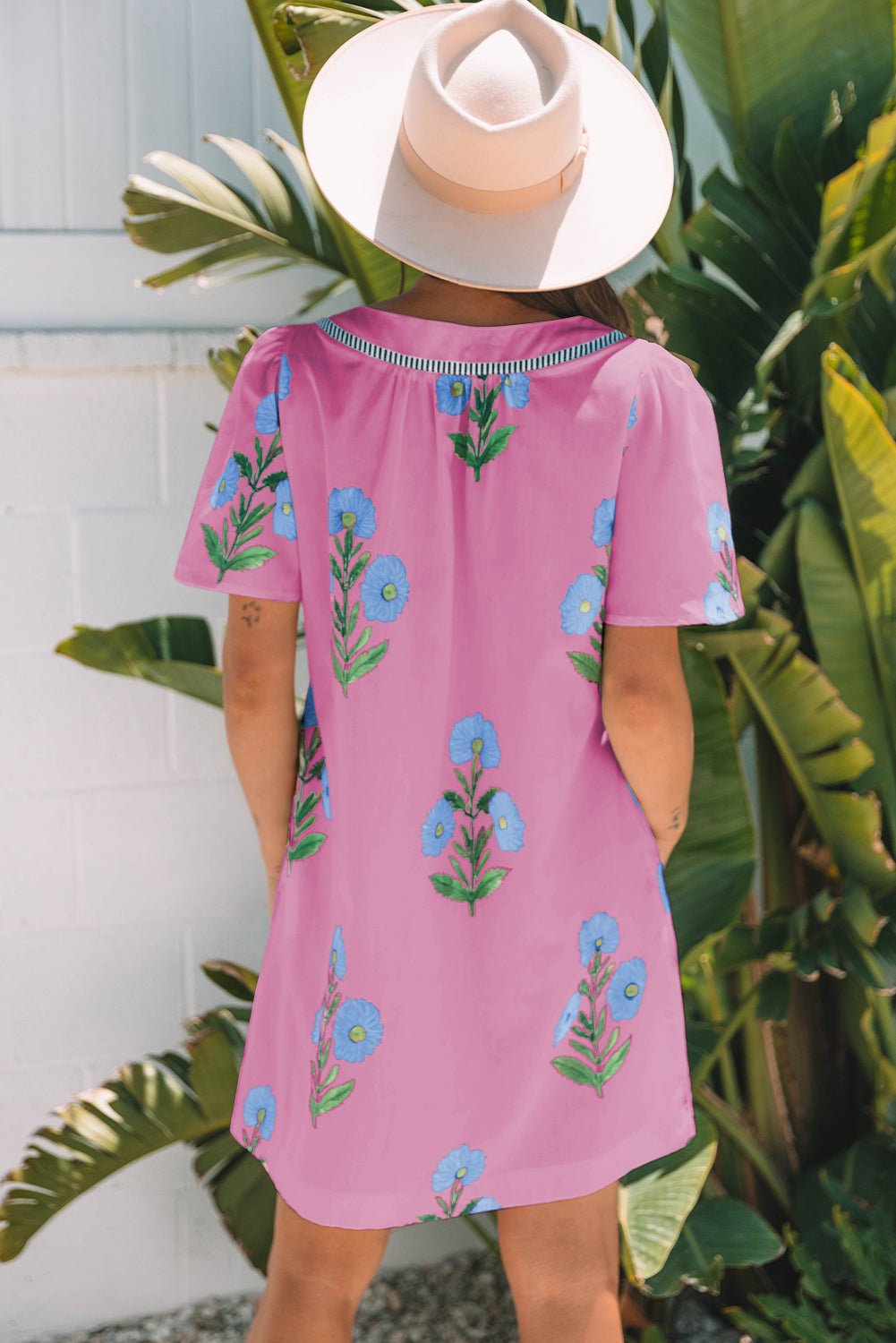 Floral Short Sleeve Split Neck Mini Dress - Rooted & Reckless Co.