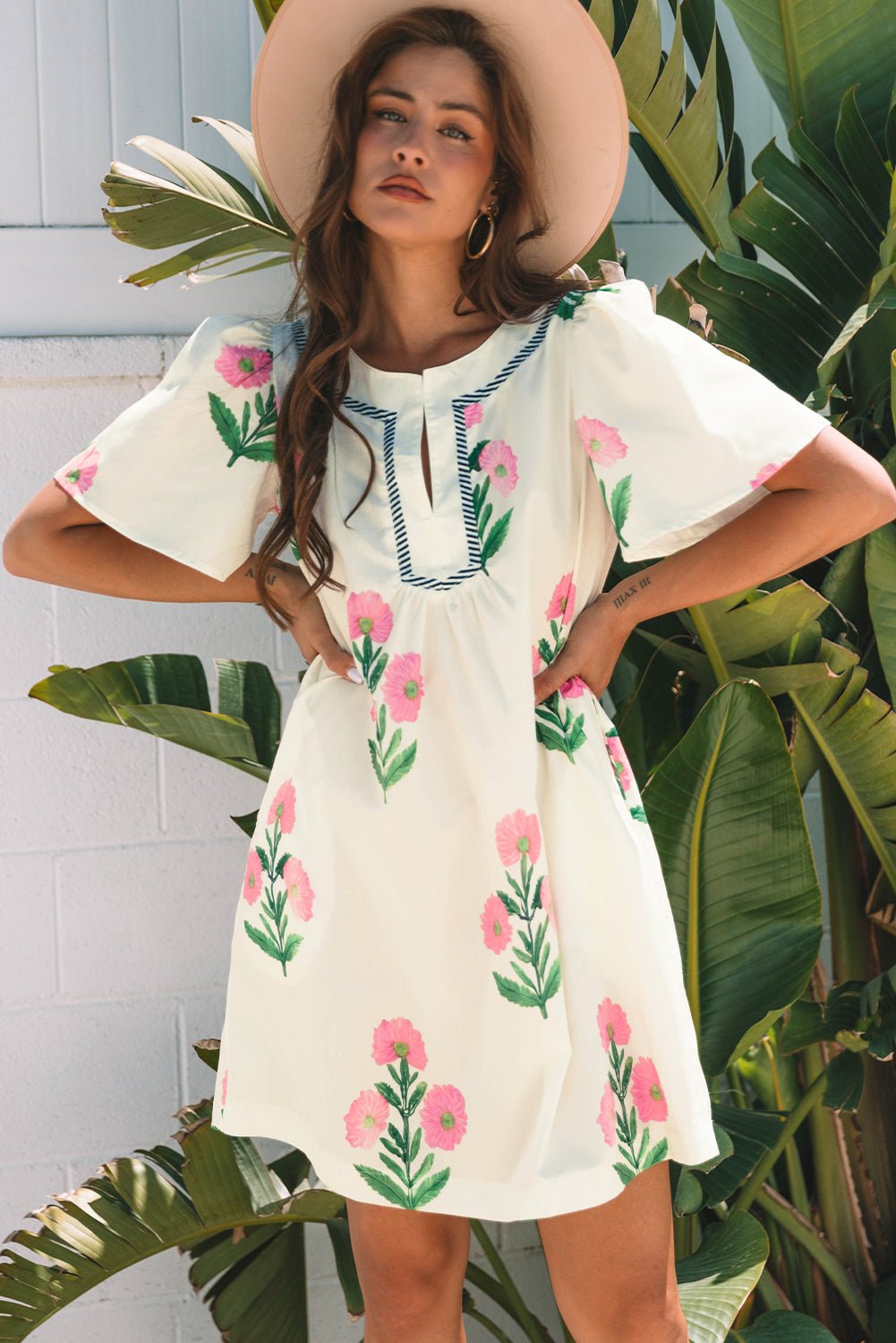 Floral Short Sleeve Split Neck Mini Dress - Rooted & Reckless Co.