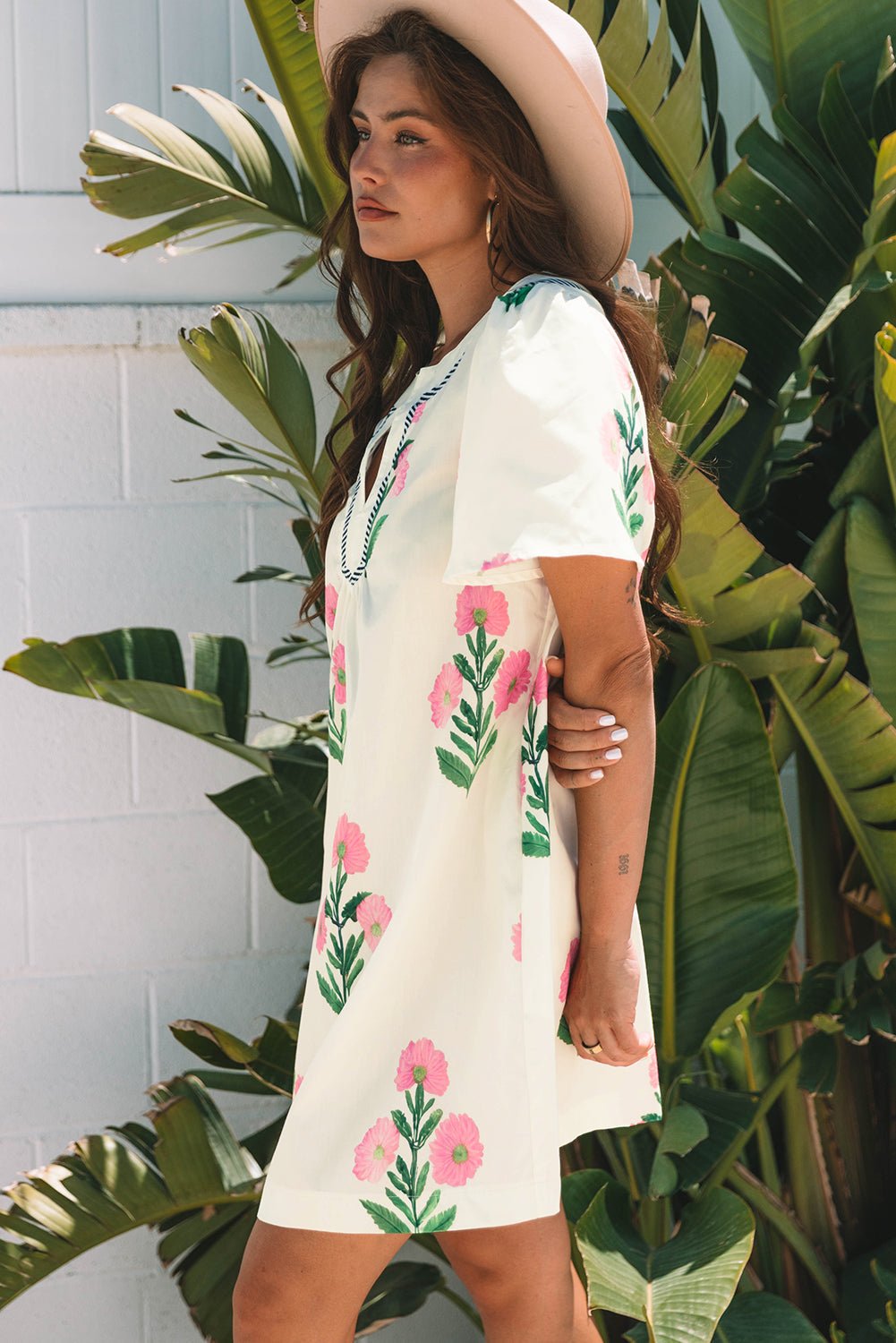 Floral Short Sleeve Split Neck Mini Dress - Rooted & Reckless Co.