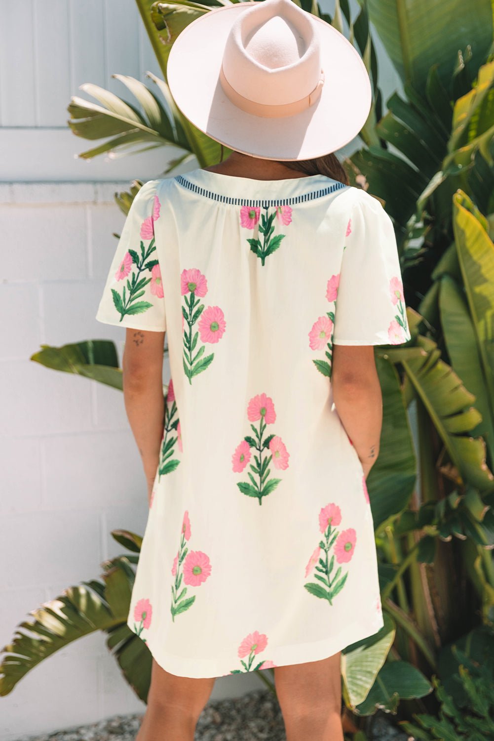 Floral Short Sleeve Split Neck Mini Dress - Rooted & Reckless Co.