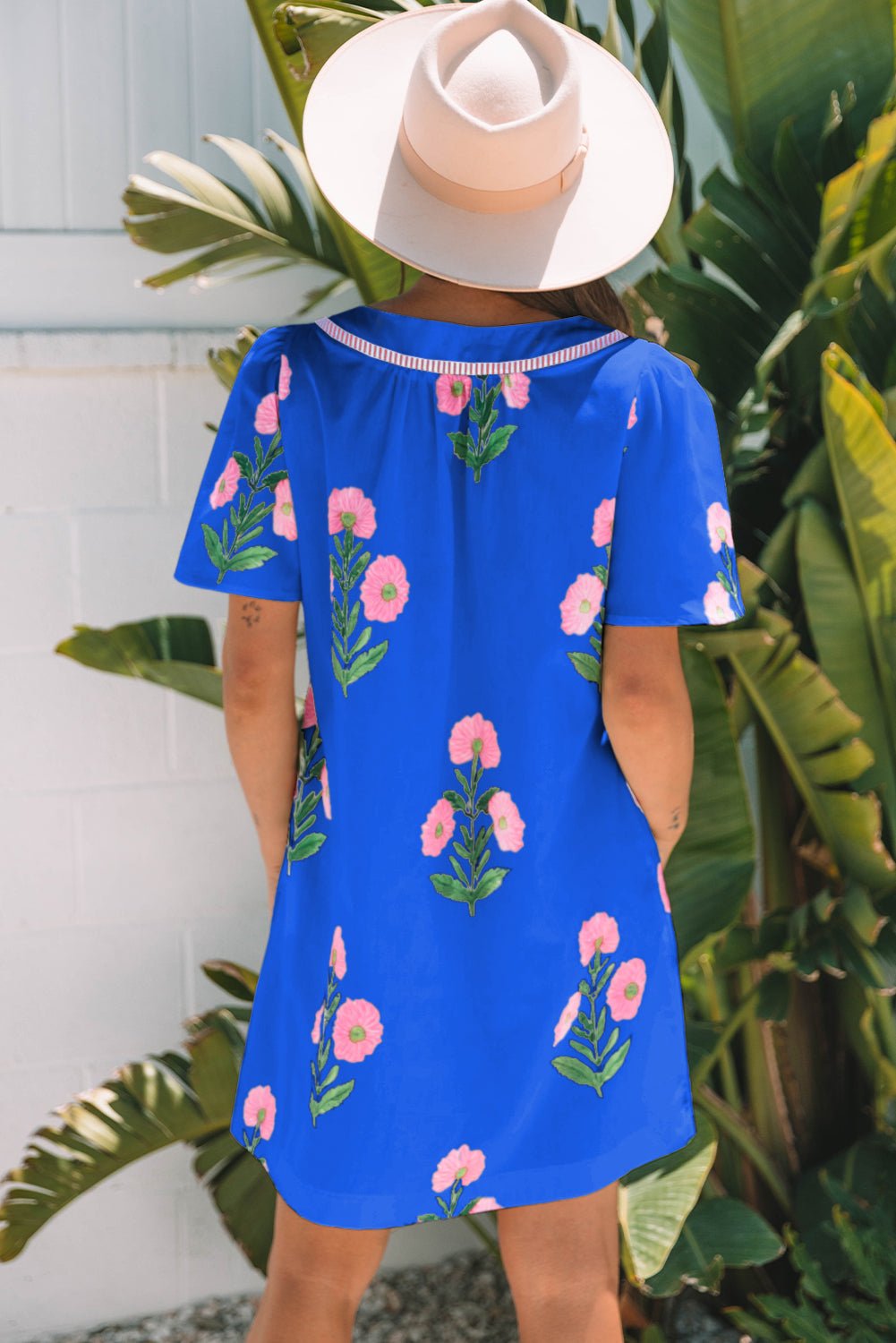 Floral Short Sleeve Split Neck Mini Dress - Rooted & Reckless Co.
