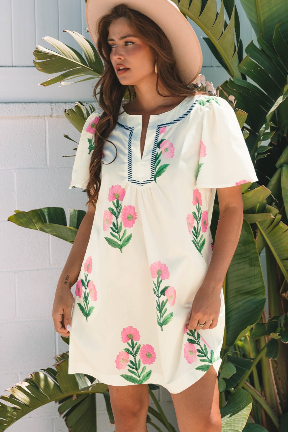 Floral Short Sleeve Split Neck Mini Dress - Rooted & Reckless Co.