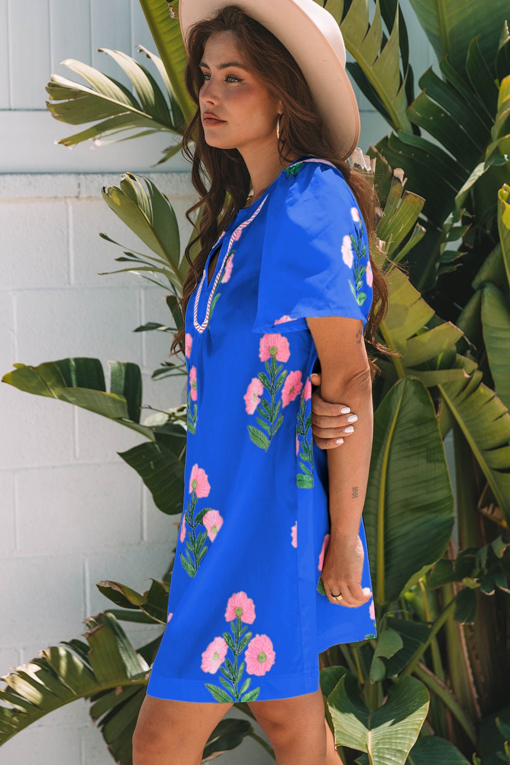 Floral Short Sleeve Split Neck Mini Dress - Rooted & Reckless Co.