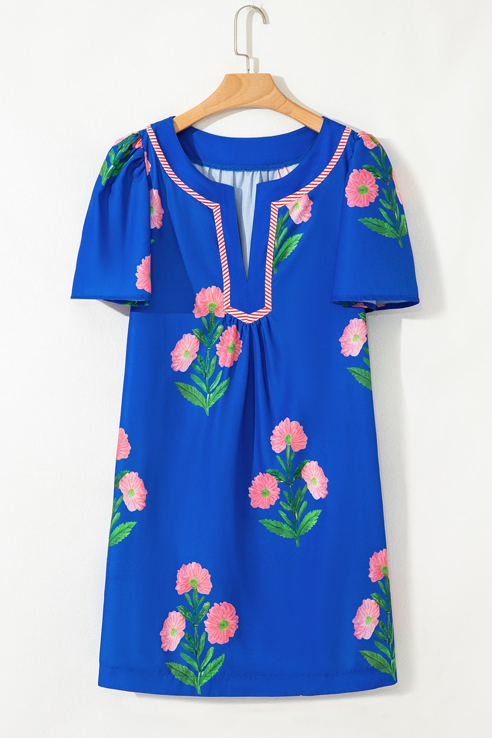 Floral Short Sleeve Split Neck Mini Dress - Rooted & Reckless Co.