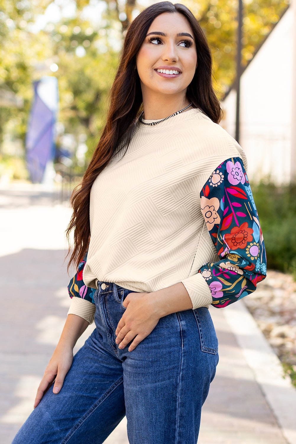 Floral Sleeve Textured Knit Drop Shoulder Top - Rooted & Reckless Co.