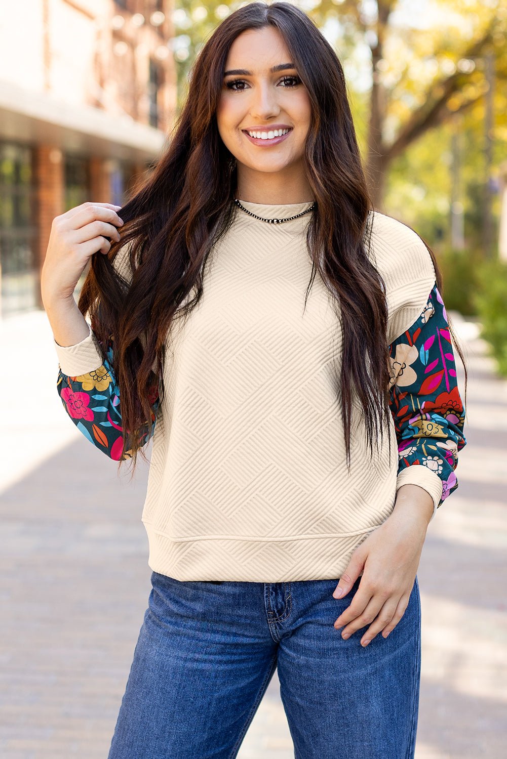 Floral Sleeve Textured Knit Drop Shoulder Top - Rooted & Reckless Co.