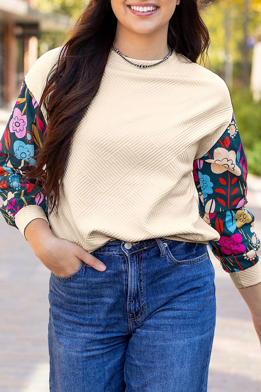 Floral Sleeve Textured Knit Drop Shoulder Top - Rooted & Reckless Co.
