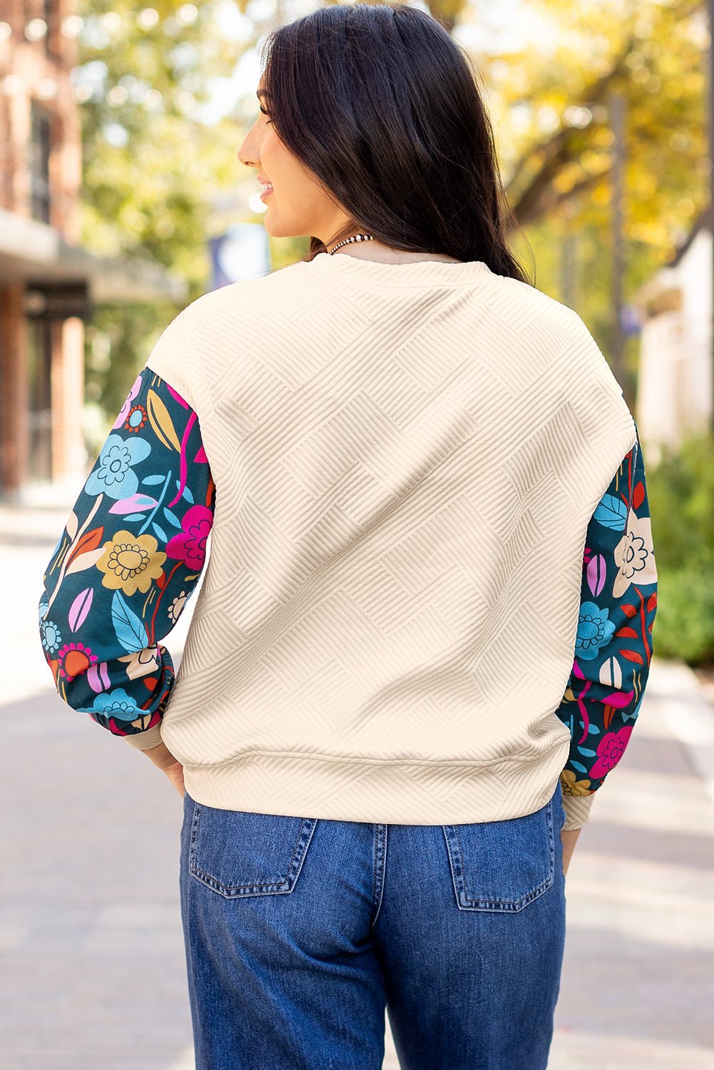 Floral Sleeve Textured Knit Drop Shoulder Top - Rooted & Reckless Co.