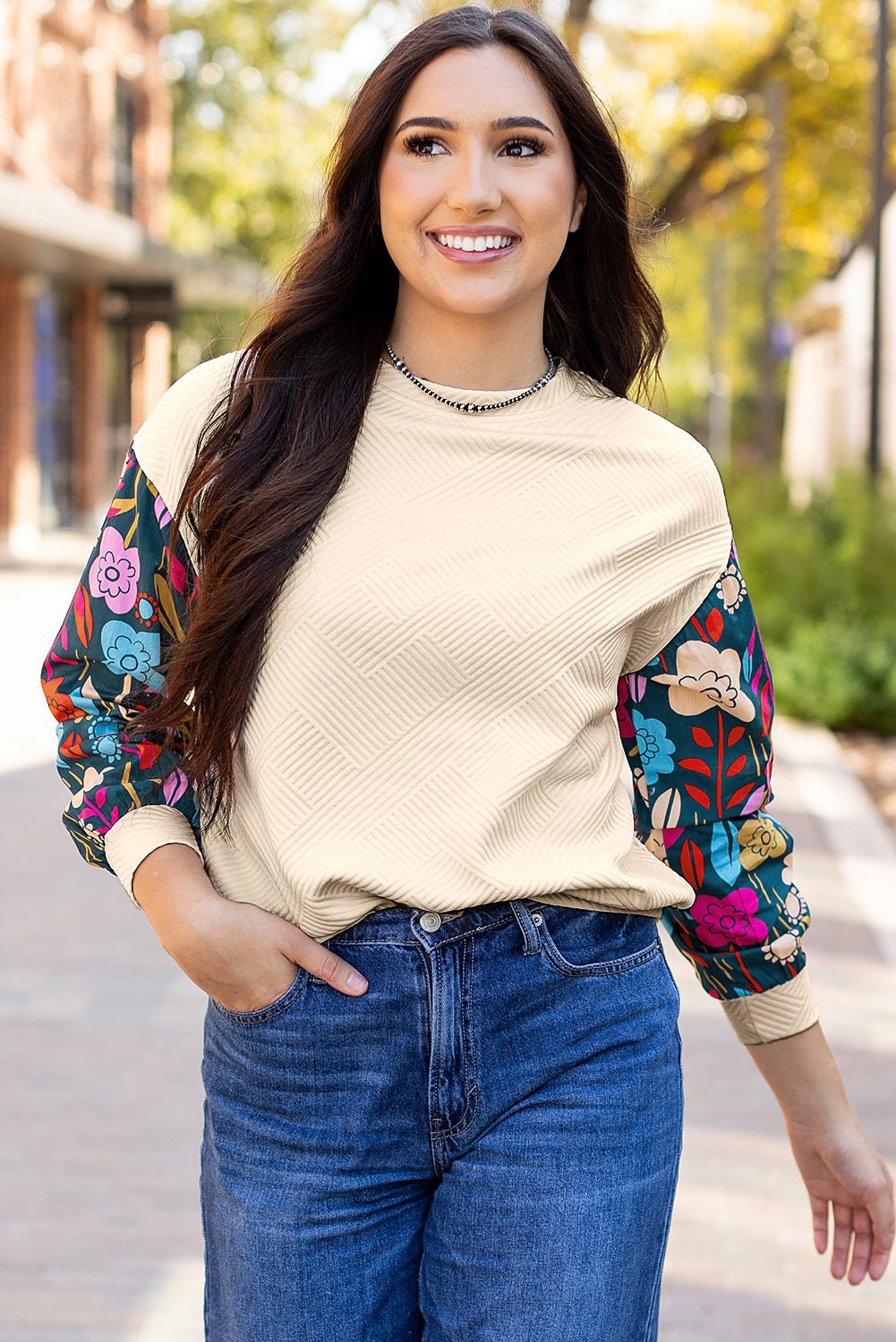 Floral Sleeve Textured Knit Drop Shoulder Top - Rooted & Reckless Co.