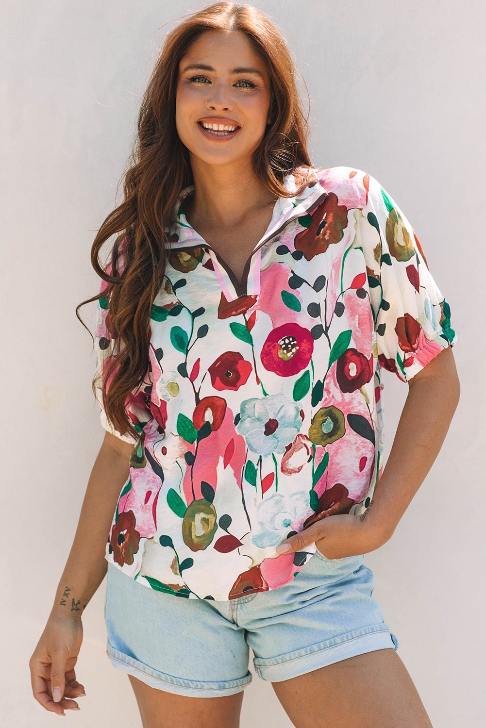 Floral Slit V-Neck Short Sleeve Blouse - Rooted & Reckless Co.