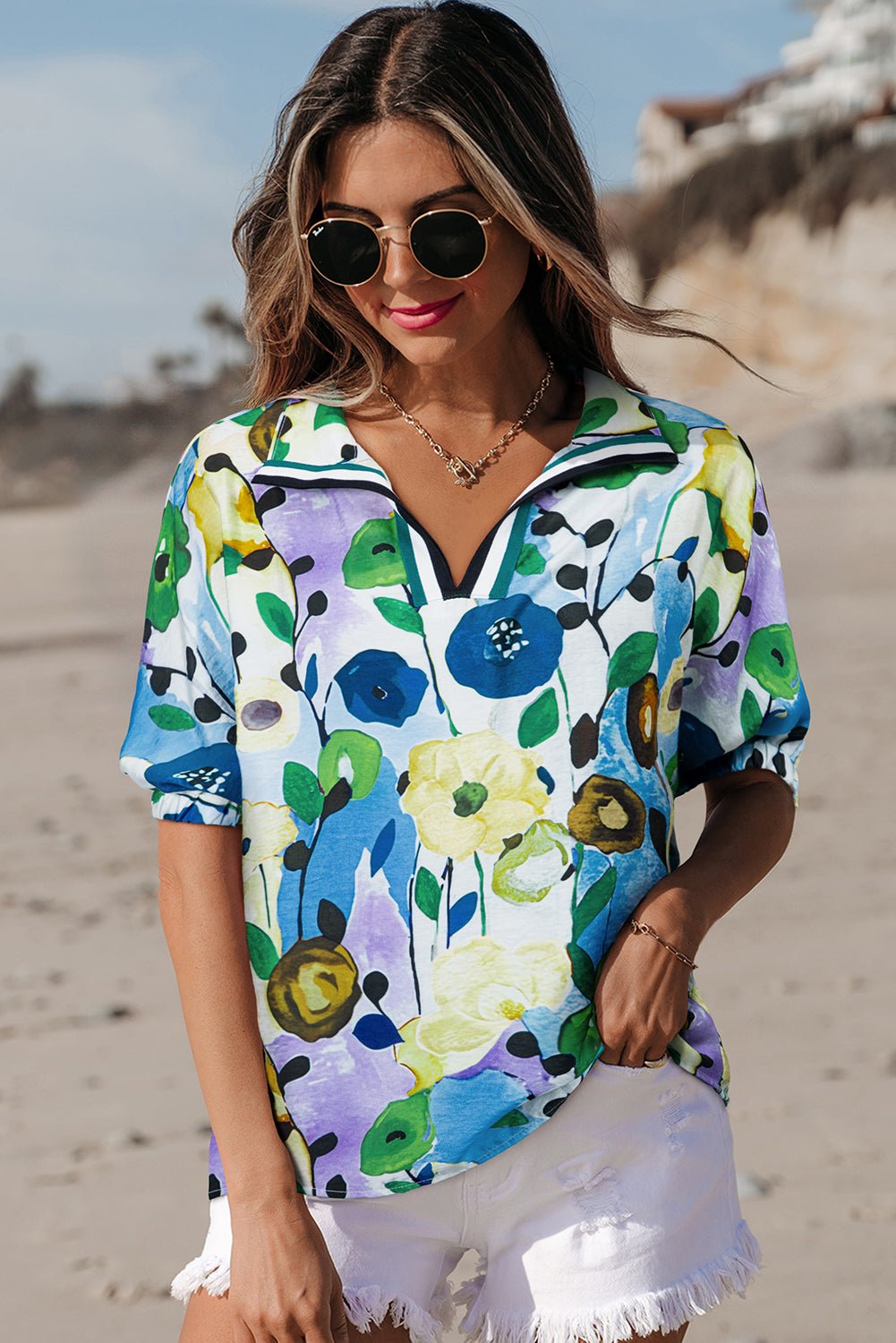 Floral Slit V-Neck Short Sleeve Blouse - Rooted & Reckless Co.