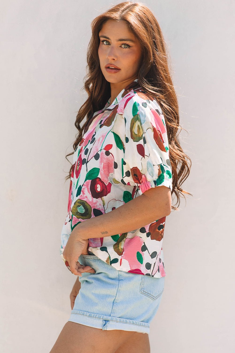 Floral Slit V-Neck Short Sleeve Blouse - Rooted & Reckless Co.