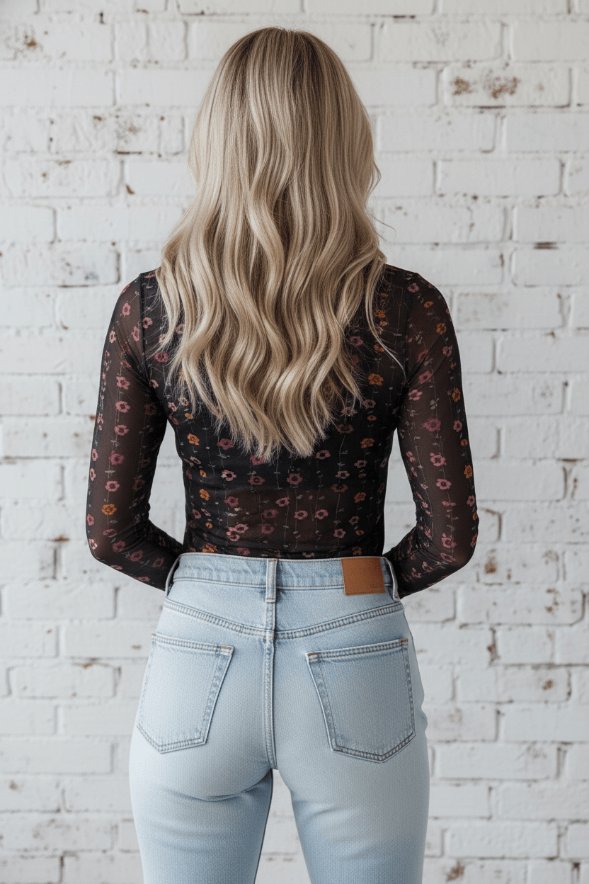 Floral Smock Cuff Mesh Slim Fit Bodysuit - Rooted & Reckless Co.